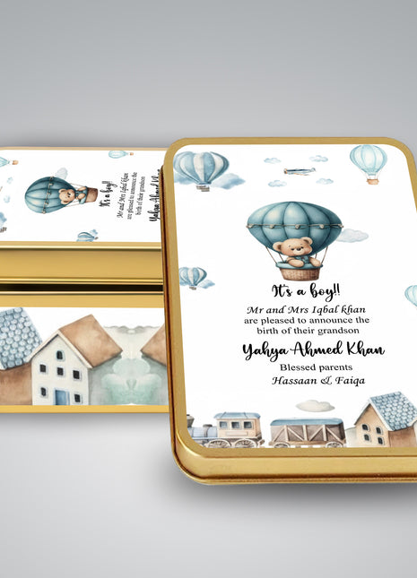 Premium Birth Announcement Tin Boxes – Custom Printed Baby Arrival Gifts & Methie Boxes in Pakistan