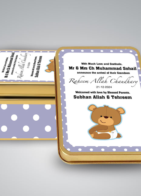 Premium Birth Announcement Tin Boxes – Custom Printed Baby Arrival Gifts & Methie Boxes in Pakistan