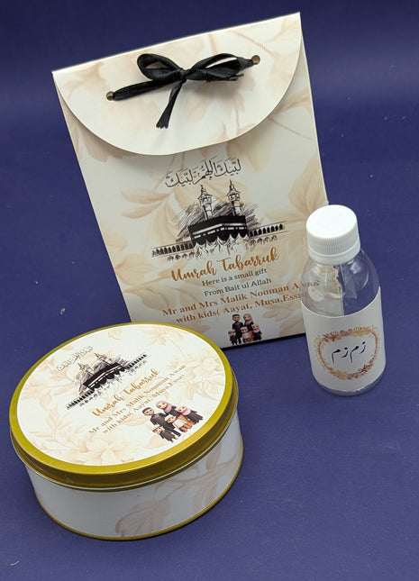 Hajj & Umrah Tabarruk Gift Set – Customized Bag, Tin Box & Zamzam Bottle (Complete Package)