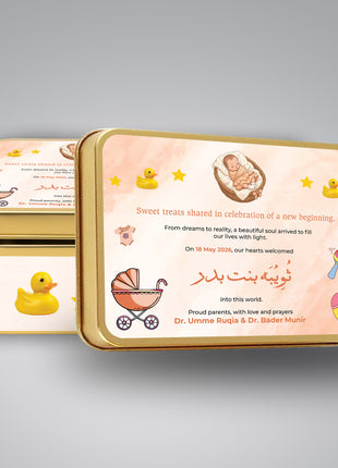 Premium Birth Announcement Tin Boxes – Custom Printed Baby Arrival Gifts & Methie Boxes in Pakistan