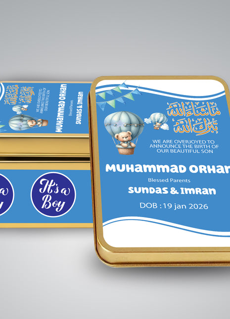 Premium Birth Announcement Tin Boxes – Custom Printed Baby Arrival Gifts & Methie Boxes in Pakistan