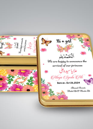 Premium Birth Announcement Tin Boxes – Custom Printed Baby Arrival Gifts & Methie Boxes in Pakistan