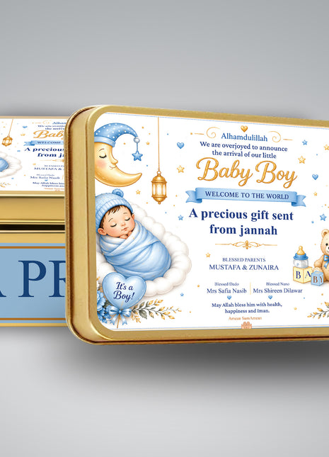 Premium Birth Announcement Tin Boxes – Custom Printed Baby Arrival Gifts & Methie Boxes in Pakistan