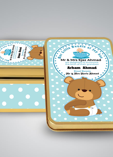 Premium Birth Announcement Tin Boxes – Custom Printed Baby Arrival Gifts & Methie Boxes in Pakistan