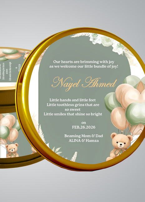Premium Birth Announcement Tin Boxes – Custom Printed Baby Arrival Gifts & Methie Boxes in Pakistan
