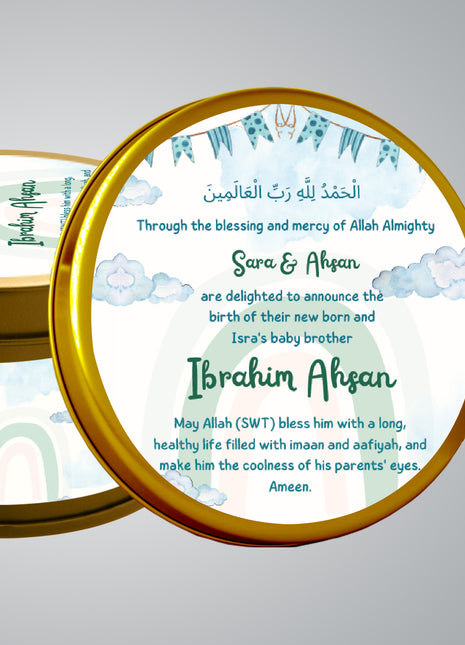 Premium Birth Announcement Tin Boxes – Custom Printed Baby Arrival Gifts & Methie Boxes in Pakistan