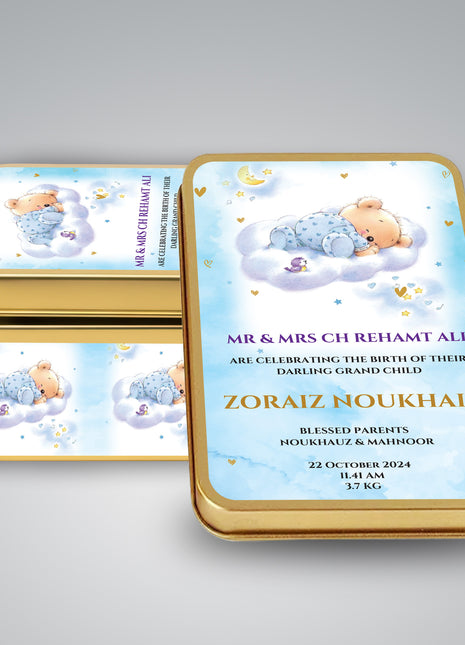 Premium Birth Announcement Tin Boxes – Custom Printed Baby Arrival Gifts & Methie Boxes in Pakistan