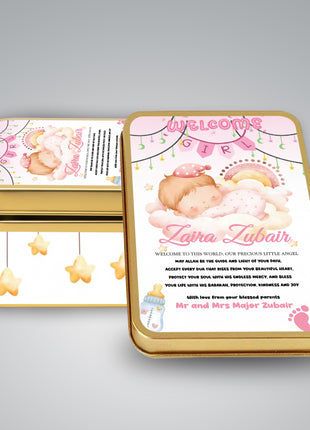 Premium Birth Announcement Tin Boxes – Custom Printed Baby Arrival Gifts & Methie Boxes in Pakistan