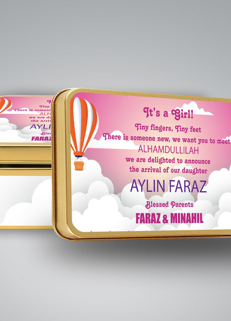 Premium Birth Announcement Tin Boxes – Custom Printed Baby Arrival Gifts & Methie Boxes in Pakistan