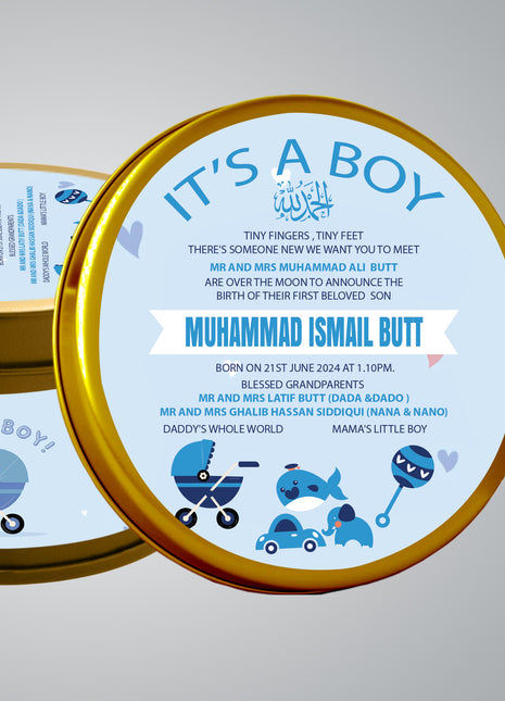 Premium Birth Announcement Tin Boxes – Custom Printed Baby Arrival Gifts & Methie Boxes in Pakistan