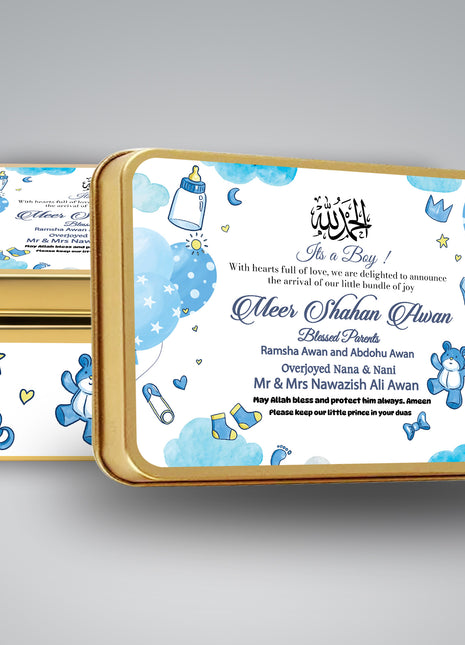 Premium Birth Announcement Tin Boxes – Custom Printed Baby Arrival Gifts & Methie Boxes in Pakistan