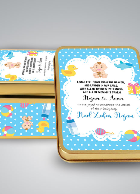 Premium Birth Announcement Tin Boxes – Custom Printed Baby Arrival Gifts & Methie Boxes in Pakistan