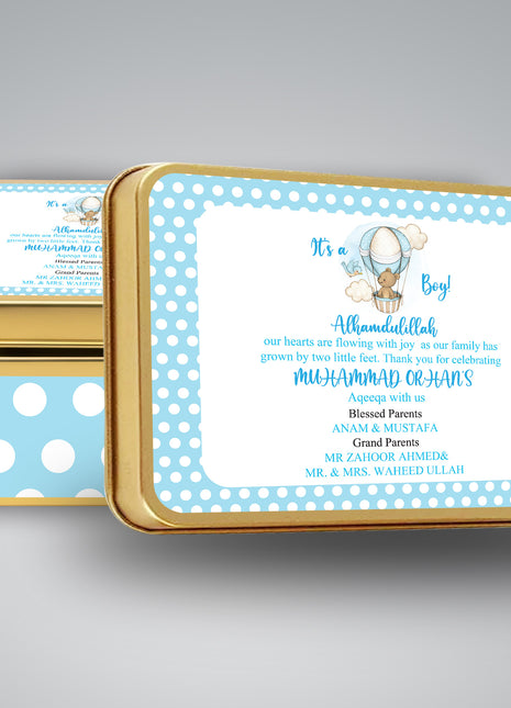 Premium Birth Announcement Tin Boxes – Custom Printed Baby Arrival Gifts & Methie Boxes in Pakistan
