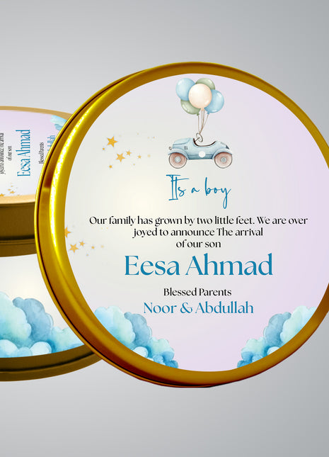 Premium Birth Announcement Tin Boxes – Custom Printed Baby Arrival Gifts & Methie Boxes in Pakistan