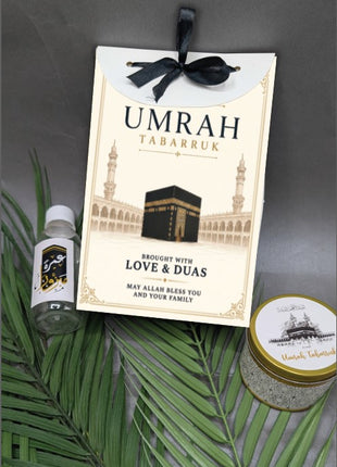 Hajj & Umrah Tabarruk Gift Set – Customized Bag, Tin Box & Zamzam Bottle (Complete Package)