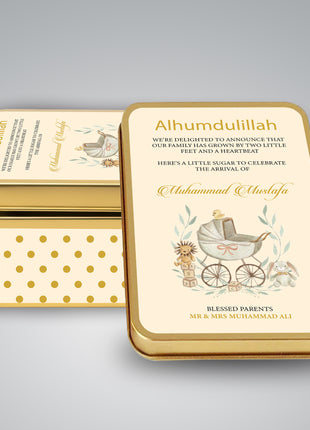 Premium Birth Announcement Tin Boxes – Custom Printed Baby Arrival Gifts & Methie Boxes in Pakistan