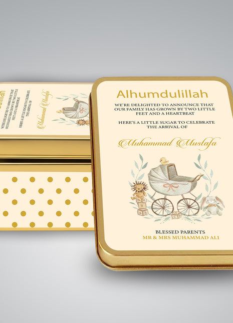 Premium Birth Announcement Tin Boxes – Custom Printed Baby Arrival Gifts & Methie Boxes in Pakistan