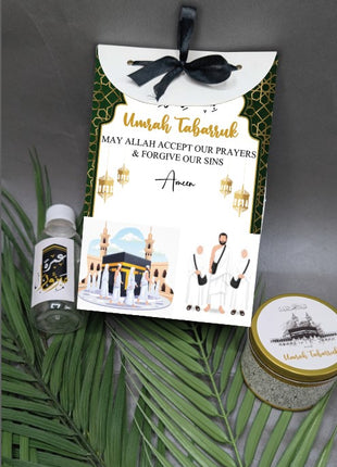 Hajj & Umrah Tabarruk Gift Set – Customized Bag, Tin Box & Zamzam Bottle (Complete Package)