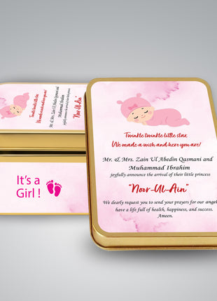 Premium Birth Announcement Tin Boxes – Custom Printed Baby Arrival Gifts & Methie Boxes in Pakistan