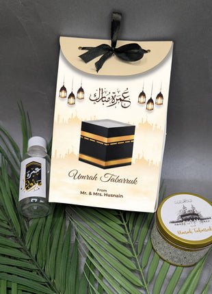 Hajj & Umrah Tabarruk Gift Set – Customized Bag, Tin Box & Zamzam Bottle (Complete Package)
