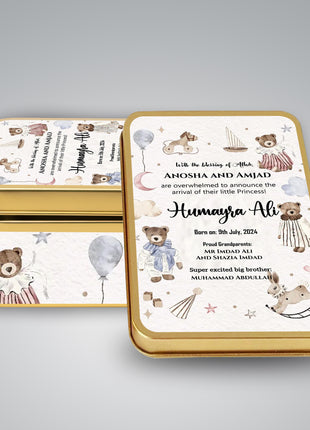 Premium Birth Announcement Tin Boxes – Custom Printed Baby Arrival Gifts & Methie Boxes in Pakistan