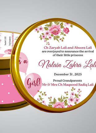 Premium Birth Announcement Tin Boxes – Custom Printed Baby Arrival Gifts & Methie Boxes in Pakistan