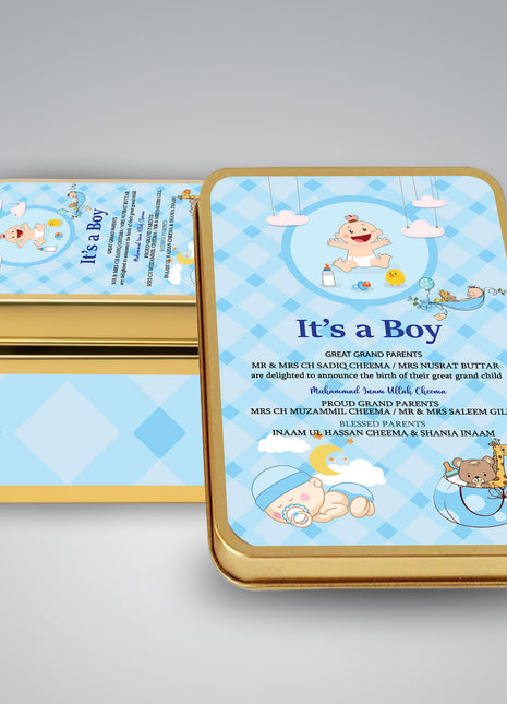 Premium Birth Announcement Tin Boxes – Custom Printed Baby Arrival Gifts & Methie Boxes in Pakistan