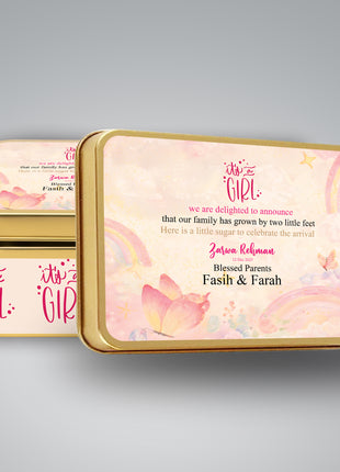 Premium Birth Announcement Tin Boxes – Custom Printed Baby Arrival Gifts & Methie Boxes in Pakistan