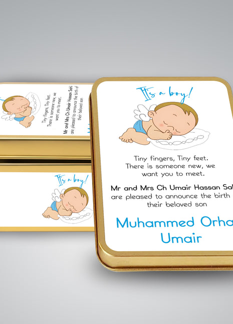 Premium Birth Announcement Tin Boxes – Custom Printed Baby Arrival Gifts & Methie Boxes in Pakistan