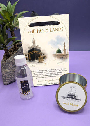 Hajj & Umrah Tabarruk Gift Set – Customized Bag, Tin Box & Zamzam Bottle (Complete Package)