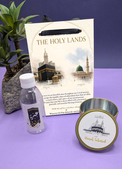 Hajj & Umrah Tabarruk Gift Set – Customized Bag, Tin Box & Zamzam Bottle (Complete Package)
