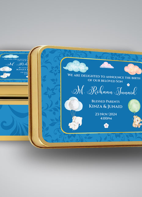 Premium Birth Announcement Tin Boxes – Custom Printed Baby Arrival Gifts & Methie Boxes in Pakistan