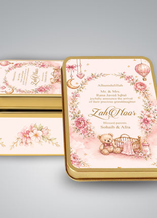Premium Birth Announcement Tin Boxes – Custom Printed Baby Arrival Gifts & Methie Boxes in Pakistan