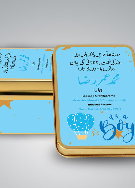 Premium Birth Announcement Tin Boxes – Custom Printed Baby Arrival Gifts & Methie Boxes in Pakistan
