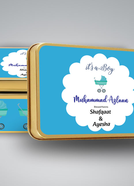 Premium Birth Announcement Tin Boxes – Custom Printed Baby Arrival Gifts & Methie Boxes in Pakistan