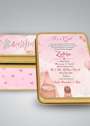 Premium Birth Announcement Tin Boxes – Custom Printed Baby Arrival Gifts & Methie Boxes in Pakistan