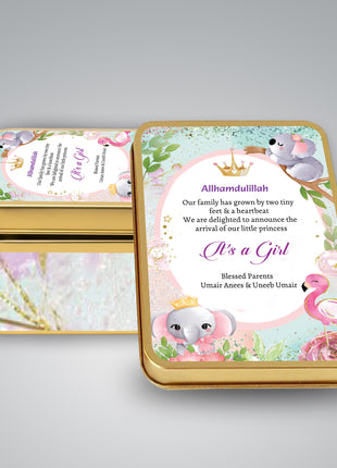 Premium Birth Announcement Tin Boxes – Custom Printed Baby Arrival Gifts & Methie Boxes in Pakistan