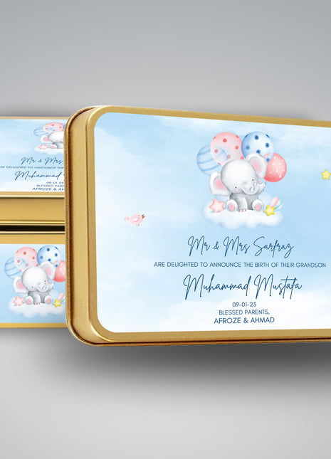 Premium Birth Announcement Tin Boxes – Custom Printed Baby Arrival Gifts & Methie Boxes in Pakistan
