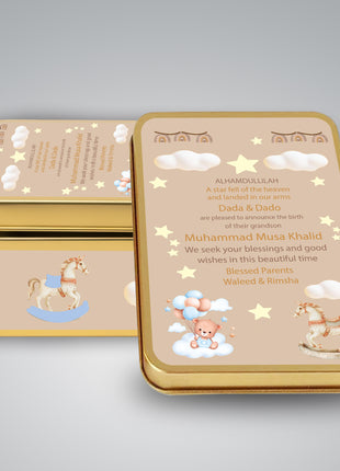 Premium Birth Announcement Tin Boxes – Custom Printed Baby Arrival Gifts & Methie Boxes in Pakistan