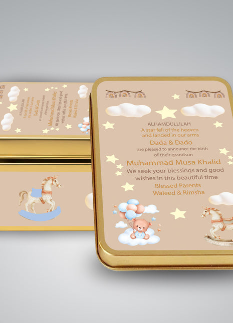 Premium Birth Announcement Tin Boxes – Custom Printed Baby Arrival Gifts & Methie Boxes in Pakistan