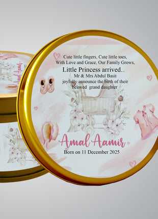 Premium Birth Announcement Tin Boxes – Custom Printed Baby Arrival Gifts & Methie Boxes in Pakistan