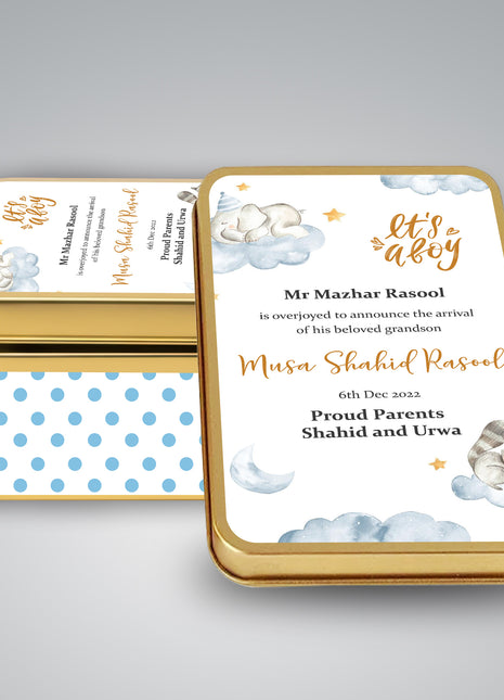 Premium Birth Announcement Tin Boxes – Custom Printed Baby Arrival Gifts & Methie Boxes