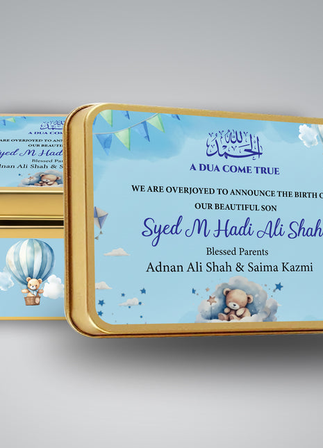 Premium Birth Announcement Tin Boxes – Custom Printed Baby Arrival Gifts & Methie Boxes in Pakistan