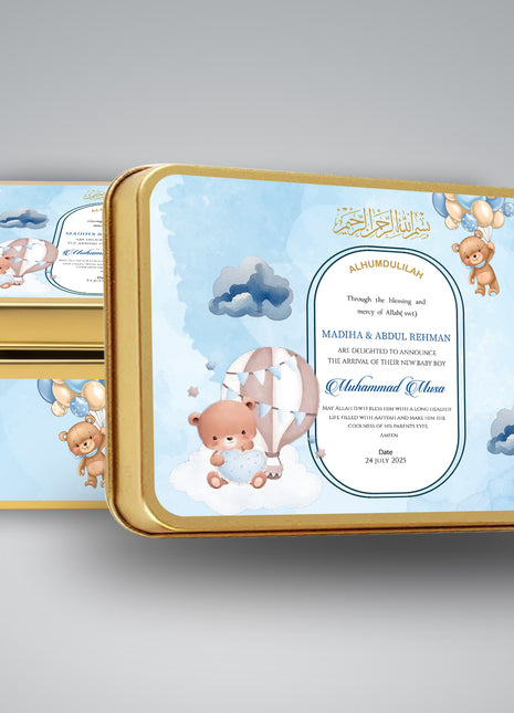 Premium Birth Announcement Tin Boxes – Custom Printed Baby Arrival Gifts & Methie Boxes in Pakistan