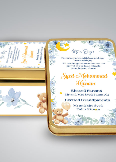 Premium Birth Announcement Tin Boxes – Custom Printed Baby Arrival Gifts & Methie Boxes in Pakistan
