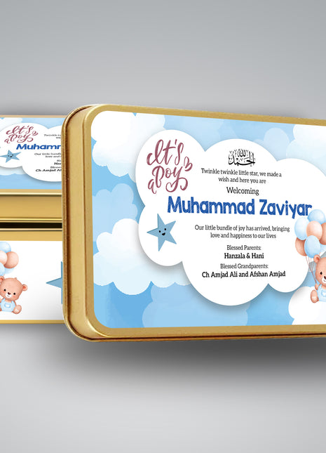 Premium Birth Announcement Tin Boxes – Custom Printed Baby Arrival Gifts & Methie Boxes in Pakistan