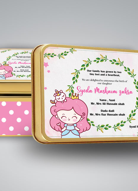 Premium Birth Announcement Tin Boxes – Custom Printed Baby Arrival Gifts & Methie Boxes in Pakistan
