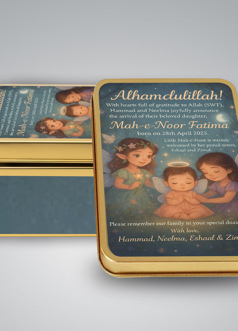 Premium Birth Announcement Tin Boxes – Custom Printed Baby Arrival Gifts & Methie Boxes in Pakistan