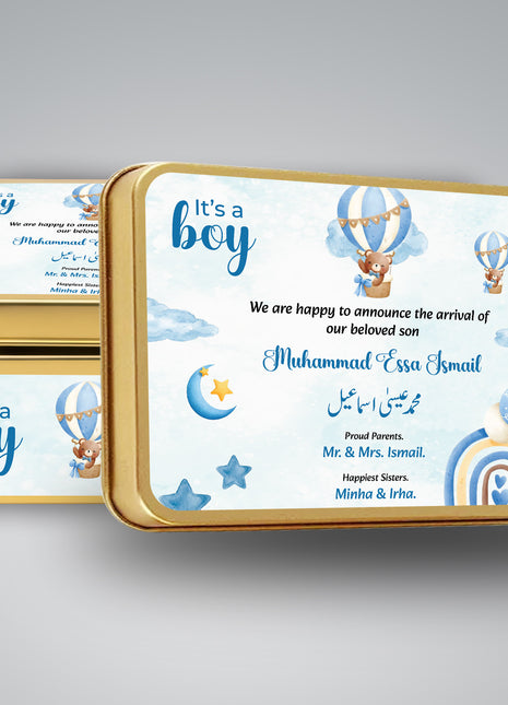 Premium Birth Announcement Tin Boxes – Custom Printed Baby Arrival Gifts & Methie Boxes in Pakistan (Copy)