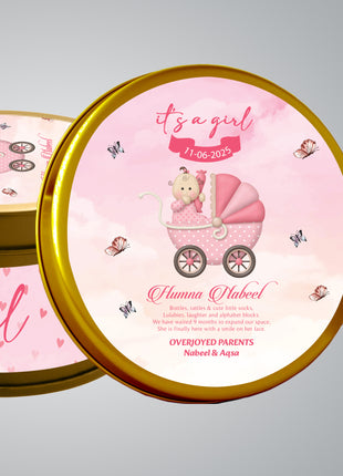 Premium Birth Announcement Tin Boxes – Custom Printed Baby Arrival Gifts & Methie Boxes in Pakistan